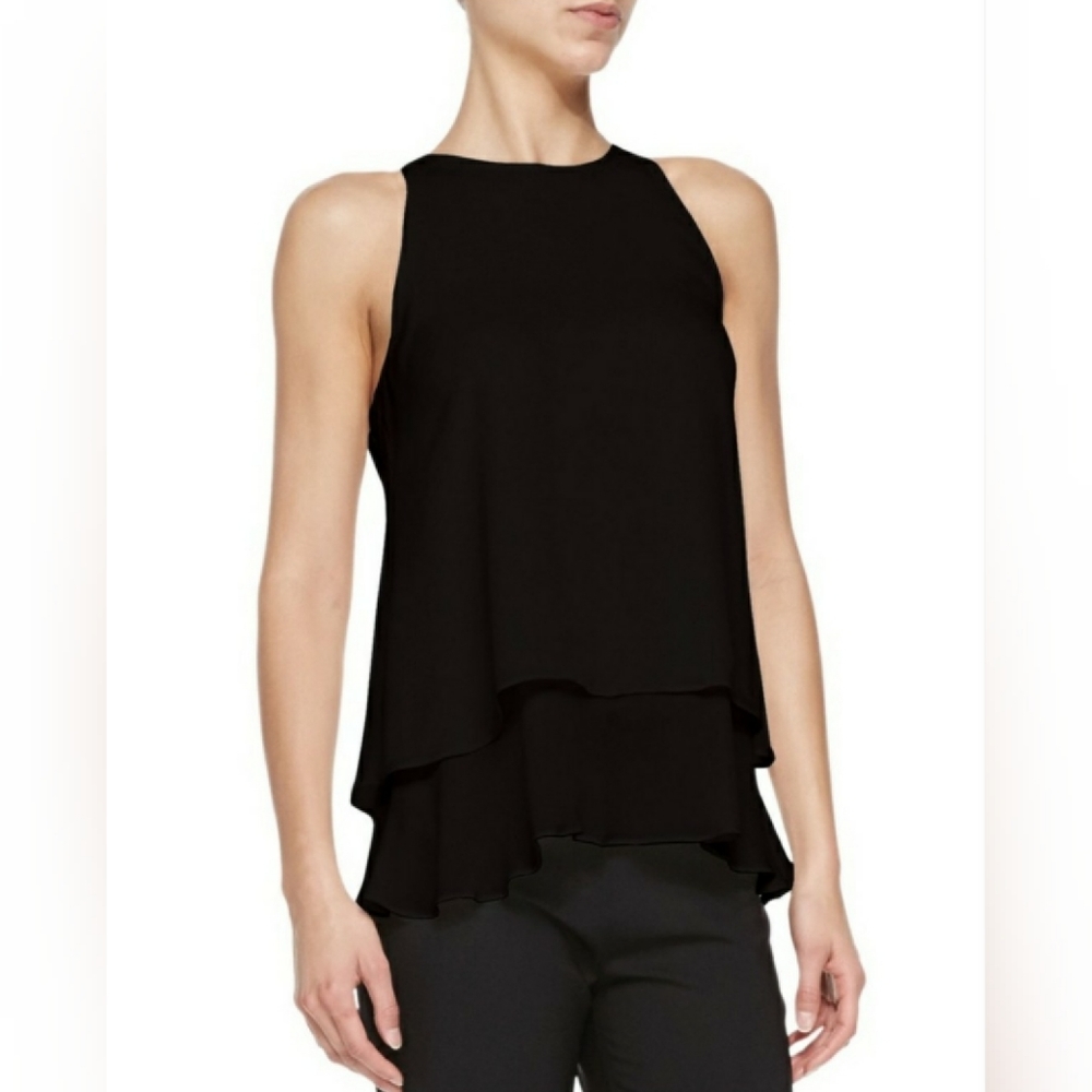 EUC $250 Theory 100% Silk Sleeveless Navy Layered Elegant Falice Blouse S Office